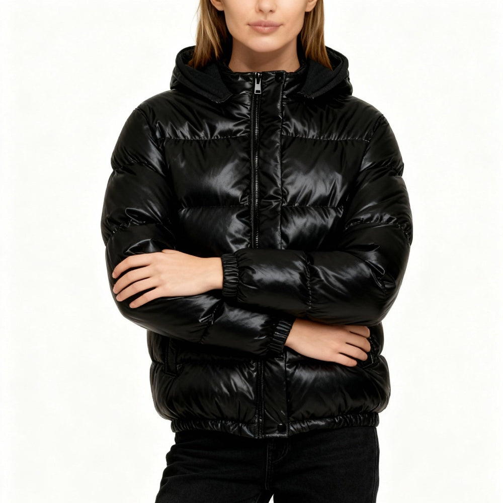 Damen Glänzende Steppjacke Kapuze 1