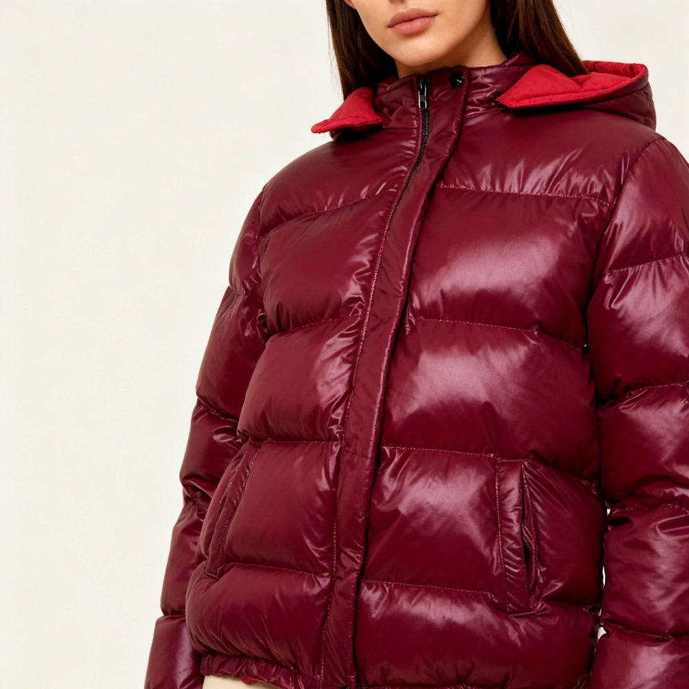 Damen Glänzende Steppjacke Kapuze 4