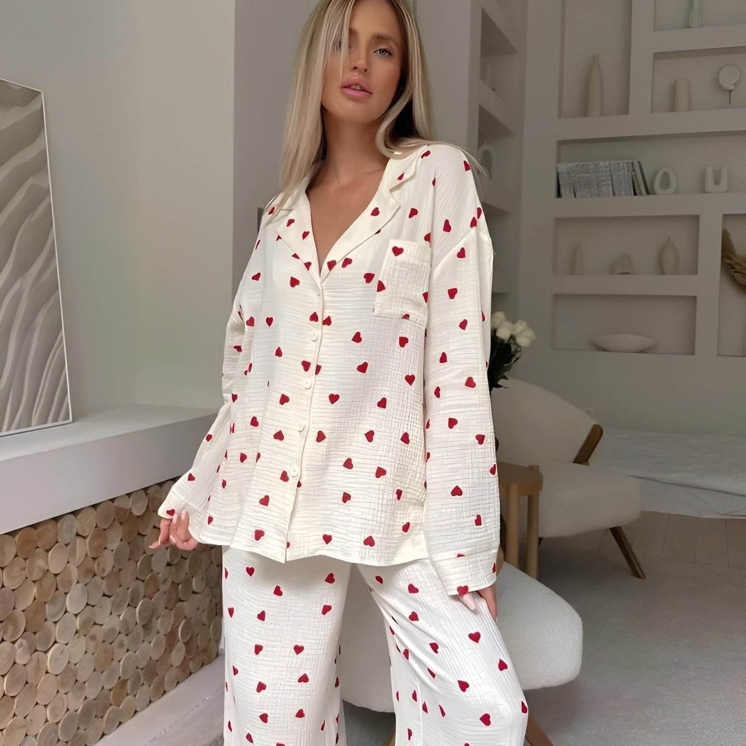 Damen Herz Baumwolle Bequem Lässig Pyjama Set 1