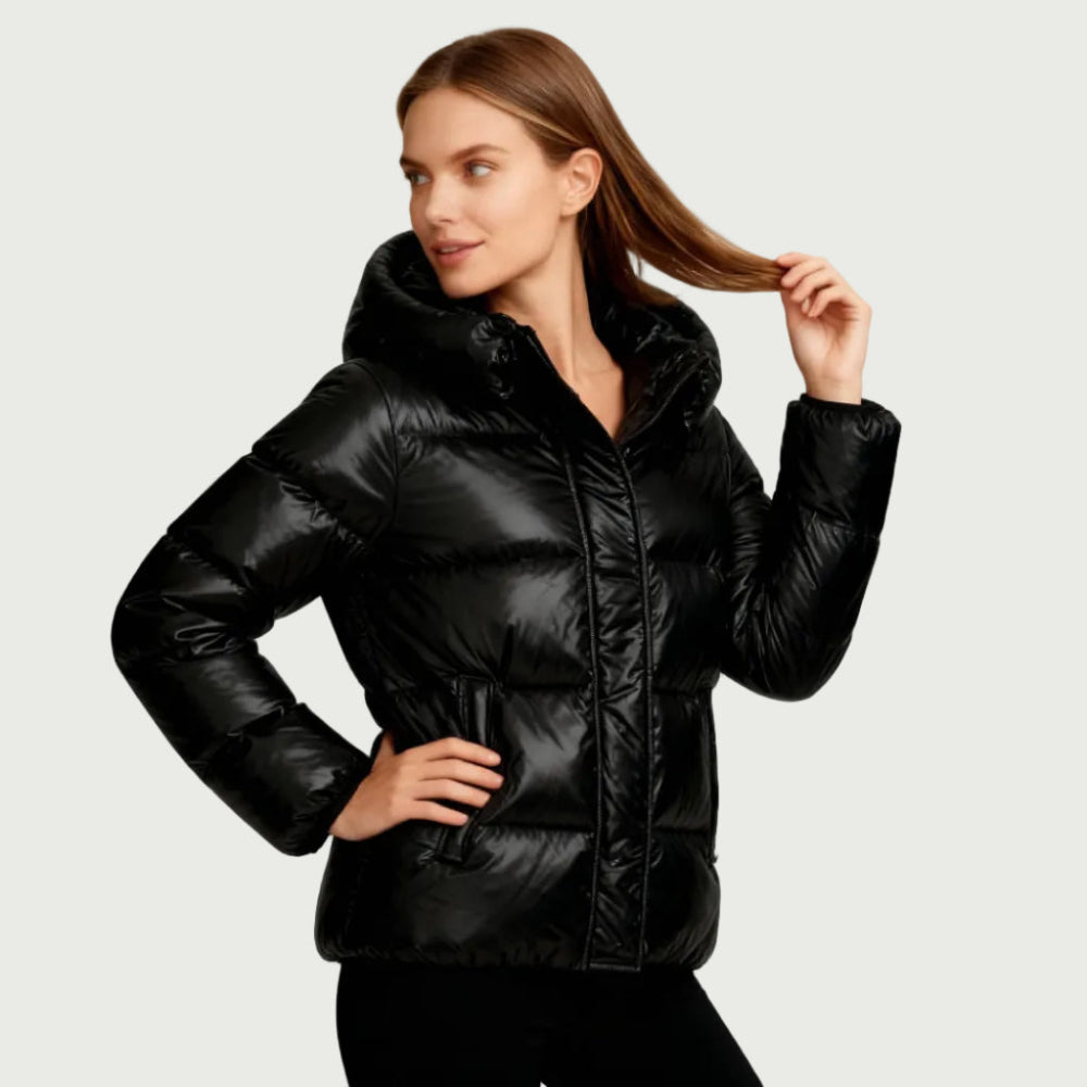 Damen Steppjacke Glanz Kapuze Taschen 6