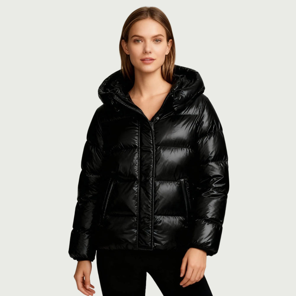 Damen Steppjacke Glanz Kapuze Taschen 7