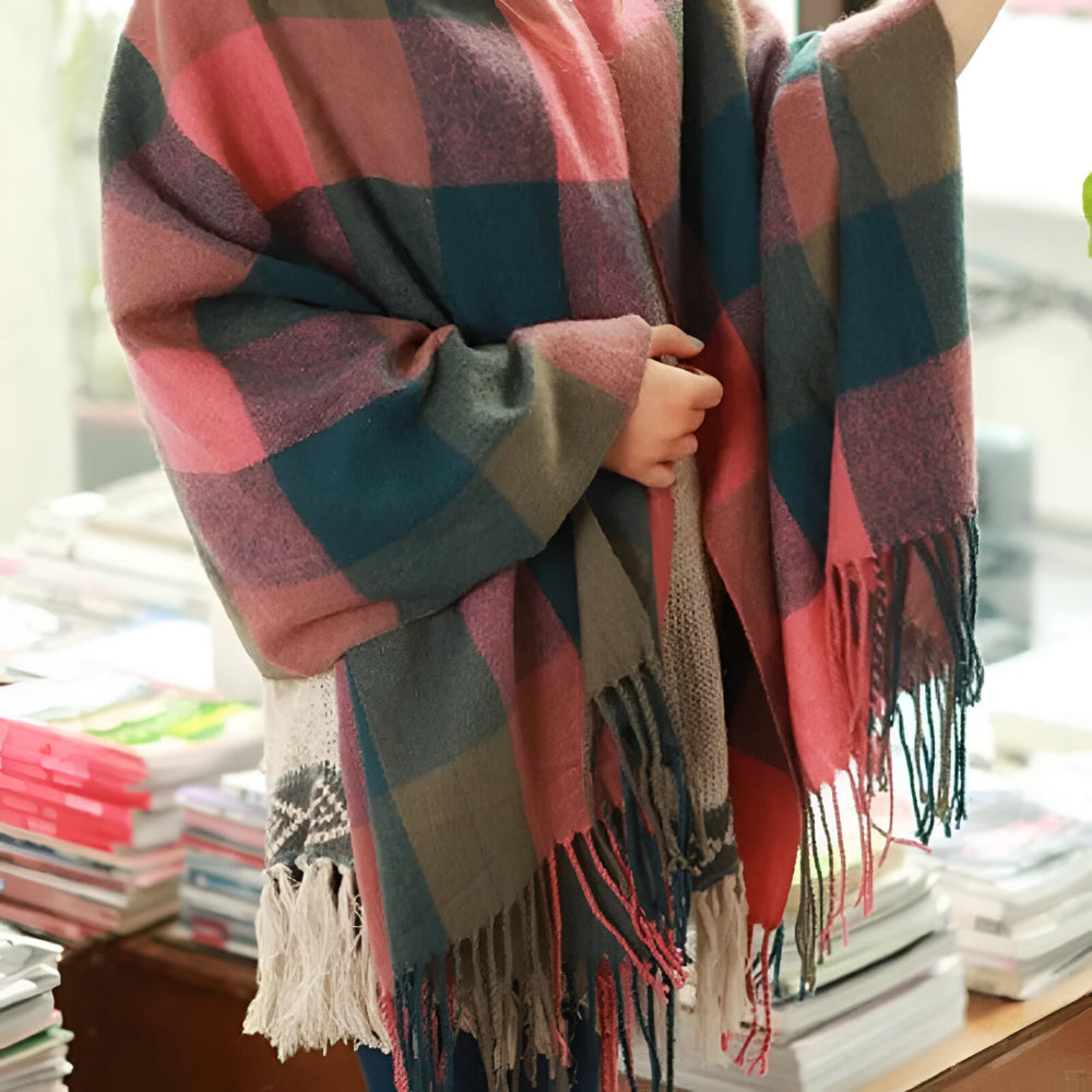Cachecol Feminino Cachecol aos Quadrados Cachecol Grande Franjas Estilo Outono Inverno