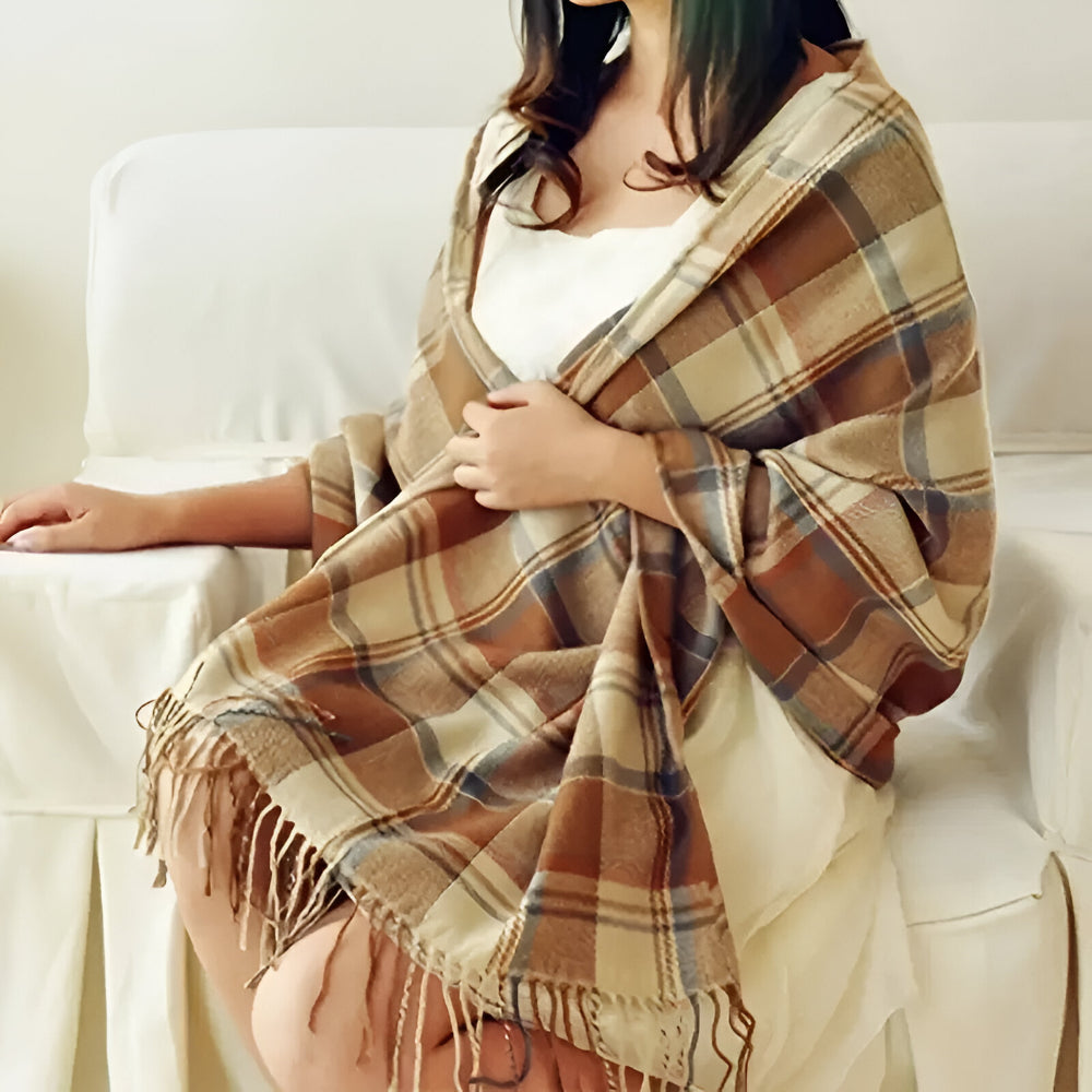 Cachecol Feminino Cachecol aos Quadrados Cachecol Grande Franjas Estilo Outono Inverno