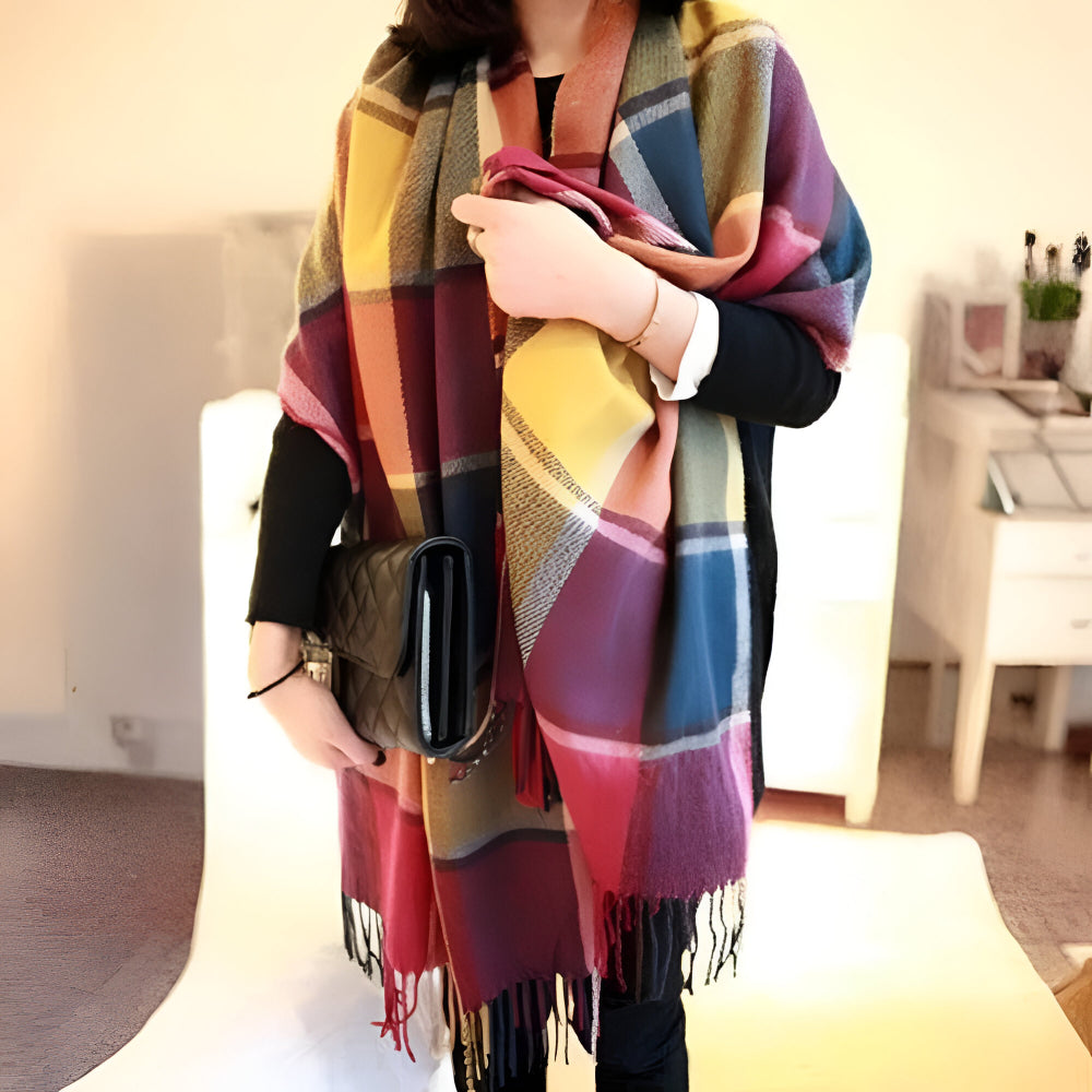 Cachecol Feminino Cachecol aos Quadrados Cachecol Grande Franjas Estilo Outono Inverno