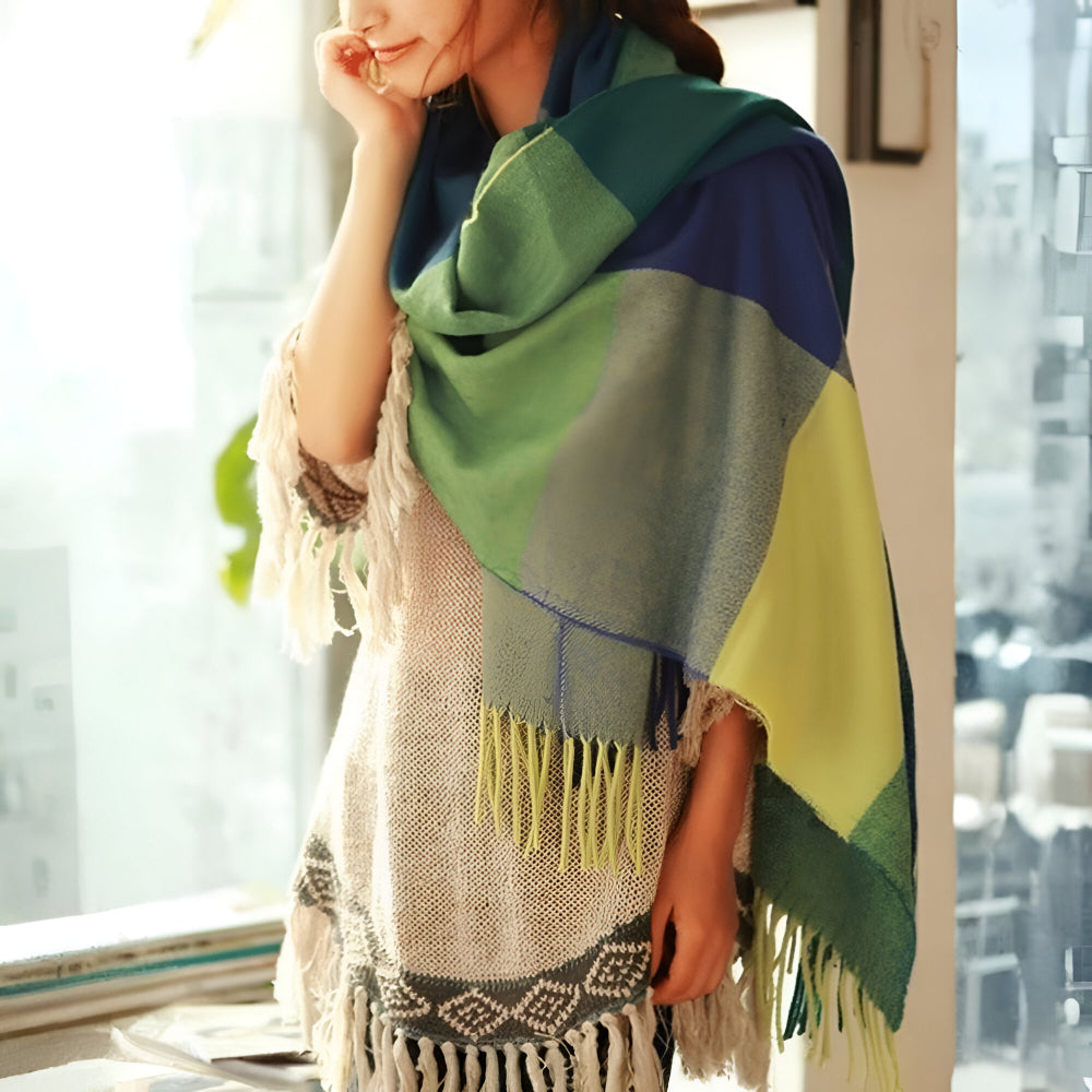 Cachecol Feminino Cachecol aos Quadrados Cachecol Grande Franjas Estilo Outono Inverno